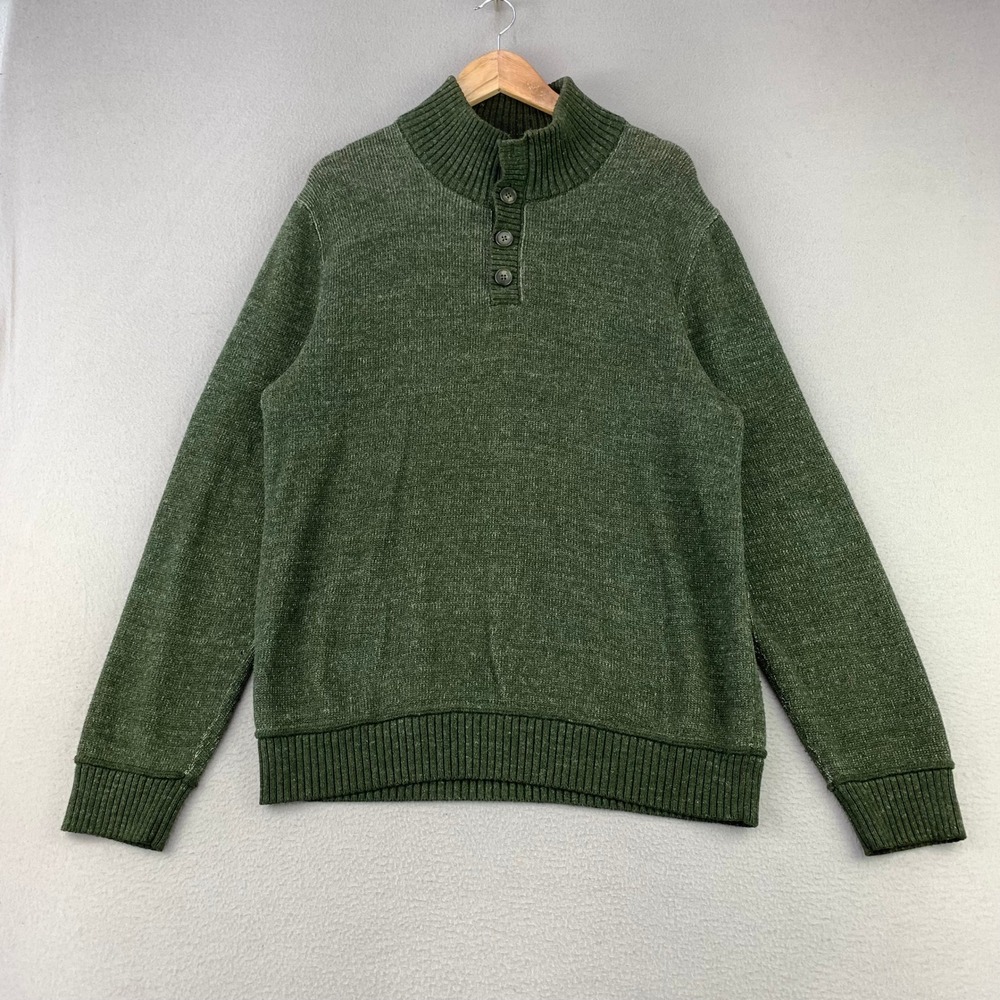 GAP Henley Sweater Mens Large Green Mock Neck Casual Cotton Knit Preppy Heritage